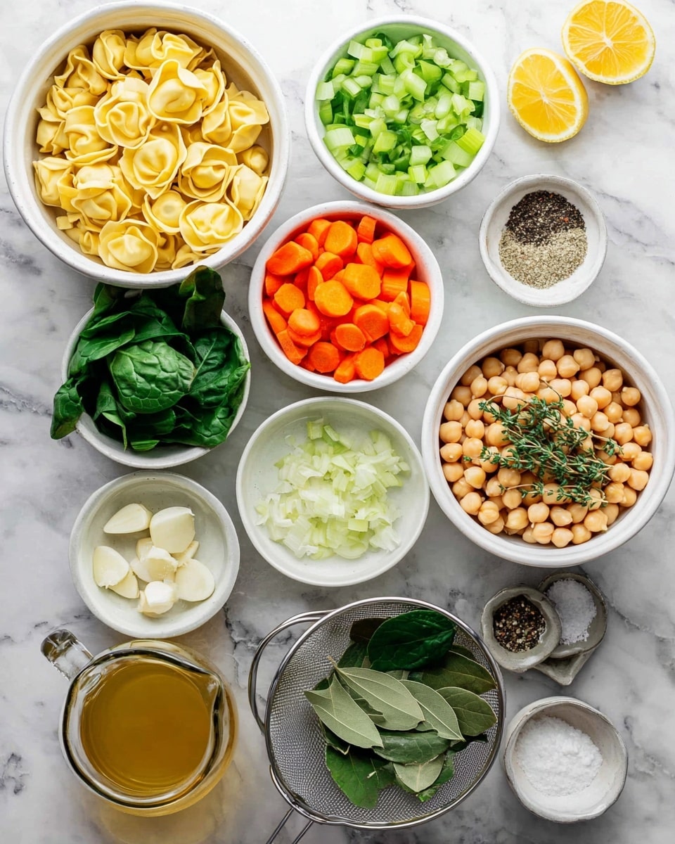 A top view of neatly arranged ingredients in white bowls on a white marbled surface, including a bowl of yellow tortellini pasta on the left, bright orange chopped carrots with fresh green thyme on top in a bowl on the right, and light beige chickpeas with two green bay leaves in a colander at the bottom center. Other bowls hold bright green chopped celery next to diced white onions at the top, fresh dark green spinach leaves at the bottom left, and a small bowl of minced garlic and another small bowl with white powder, possibly salt or baking soda in the middle. To the bottom left, a clear jug contains golden broth, while the bottom right shows thin pale yellow lemon slices next to a small bowl with black pepper and salt. Photo taken with an iphone --ar 4:5 --v 7