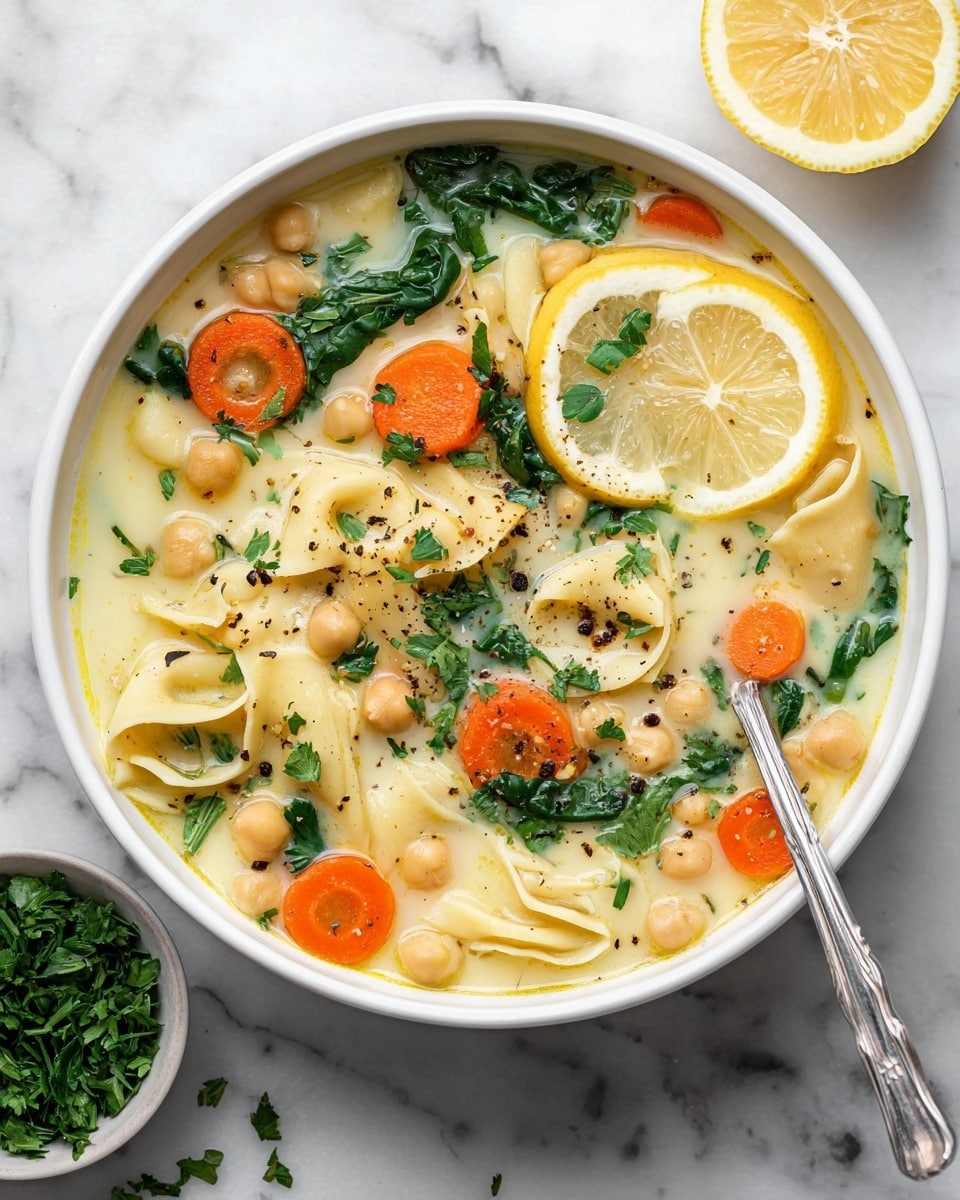 A white bowl filled with creamy soup showing three layers: the base is a smooth, light yellow broth, the middle has folded noodle pieces in a pale yellow color, and the top layer contains bright orange carrot slices, dark green leafy spinach, and round chickpeas, all scattered evenly. A thin slice of lemon with its yellow peel and translucent inside floats near the top right, surrounded by small parsley leaves adding a fresh green touch. Cracked black pepper is lightly sprinkled across the surface. A silver spoon rests inside the bowl, leaning toward the bottom right. The bowl is placed on a white marbled surface with a small dish of chopped green parsley nearby, photo taken with an iphone --ar 4:5 --v 7