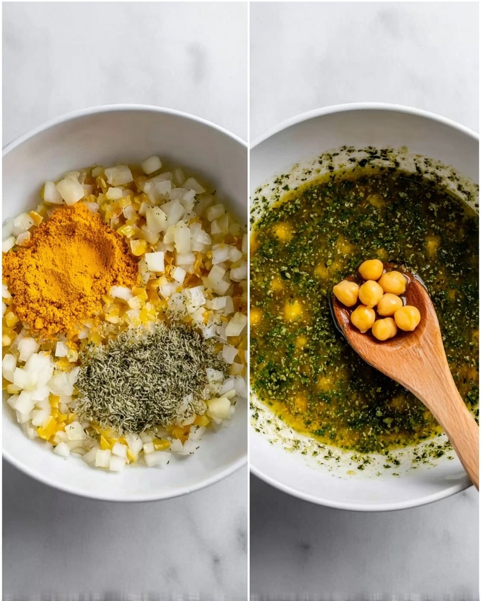 The first image shows a white bowl with a mix of diced onions, yellow turmeric powder, green dried herbs, and minced garlic on top, all placed on a white marbled surface. The second image displays a white bowl filled with a green herb and oil sauce, with a wooden spoon resting inside, holding a few round yellow chickpeas, also set on a white marbled surface. photo taken with an iphone --ar 4:5 --v 7