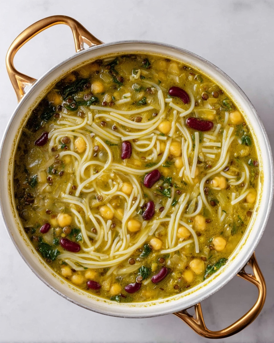 A close-up view of a large white pot with golden handles filled with a thick soup that has a greenish-yellow broth. The soup has three main visible layers: long, thin white noodle strands spread evenly around the pot, round yellow chickpeas scattered throughout, and small dark red kidney beans mixed in. There are also tiny green leafy bits and small lentil-sized pieces throughout the soup, giving it a textured, hearty look. The pot sits on a white marbled surface. photo taken with an iphone --ar 4:5 --v 7