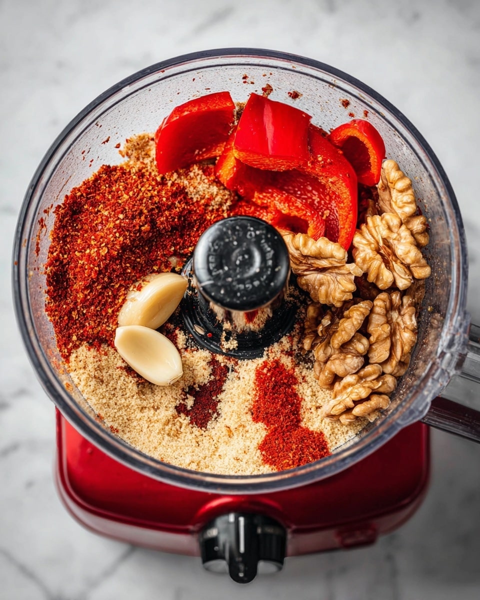 The image shows a clear food processor bowl filled with various ingredients, sitting on a red base with black buttons. Inside the bowl, there are bright red roasted peppers arranged on the right side and a few large walnut halves with a sprinkle of red spice on the left. A large clove of peeled garlic is near the center, surrounded by light beige breadcrumbs spread around the base, along with darker brown sauce pooled near the walnuts. The black center blade holder sits in the middle. The background is a white marbled surface. Photo taken with an iphone --ar 4:5 --v 7