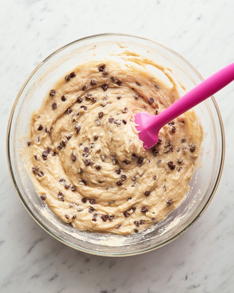 A clear glass bowl sits on a white marbled surface, filled with a thick, creamy batter that is light beige in color. The batter is mixed with small dark brown chocolate chips spread evenly throughout, creating a speckled look. A bright pink silicone spatula rests inside the bowl, partially coated with the batter, showing some swirling motion in the middle of the mixture. The texture of the batter looks smooth with small lumps, indicating it is likely a fruit or nut batter mixed gently. The scene is bright, clean, and focused on the bowl's contents. photo taken with an iphone --ar 4:5 --v 7