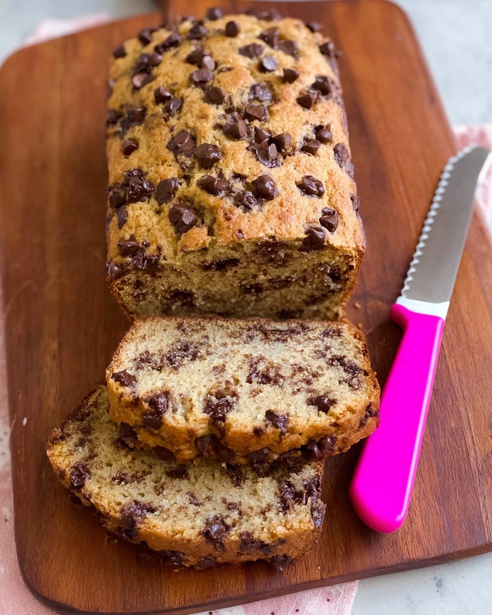 A loaf of chocolate chip bread sits on a wooden board with three thick slices cut and stacked in front of it, showing a light brown texture filled with many dark chocolate chips inside and on top. Beside the bread lies a knife with a serrated blade and a bright pink handle. The bread looks soft and moist with scattered chocolate pieces throughout its crumb. The scene is simple with no other items visible, photo taken with an iphone --ar 4:5 --v 7
