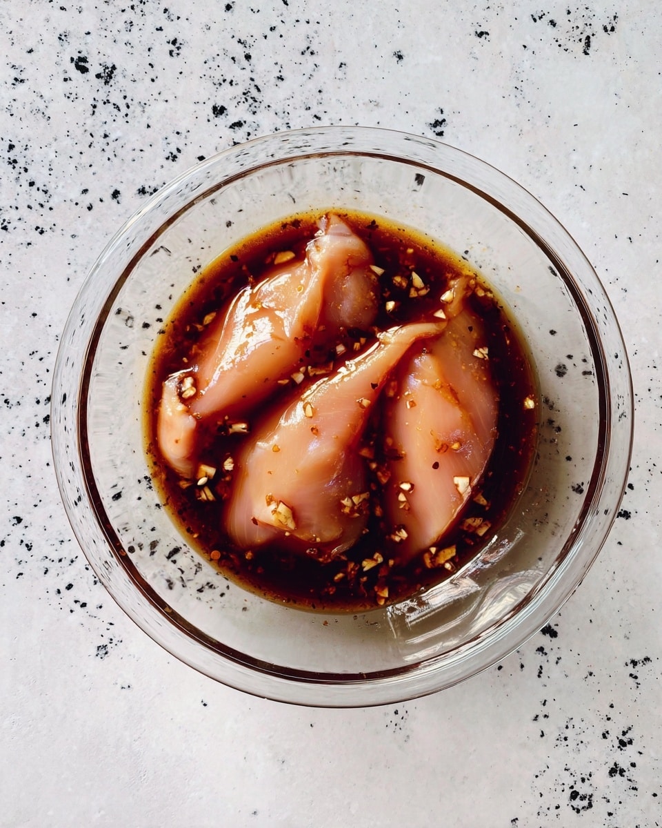 A clear glass bowl holds three pale pink pieces of raw chicken submerged in a dark brown marinade with visible small bits of garlic or seasoning evenly spread throughout; the bowl sits on a white marbled surface with black specks. photo taken with an iphone --ar 4:5 --v 7