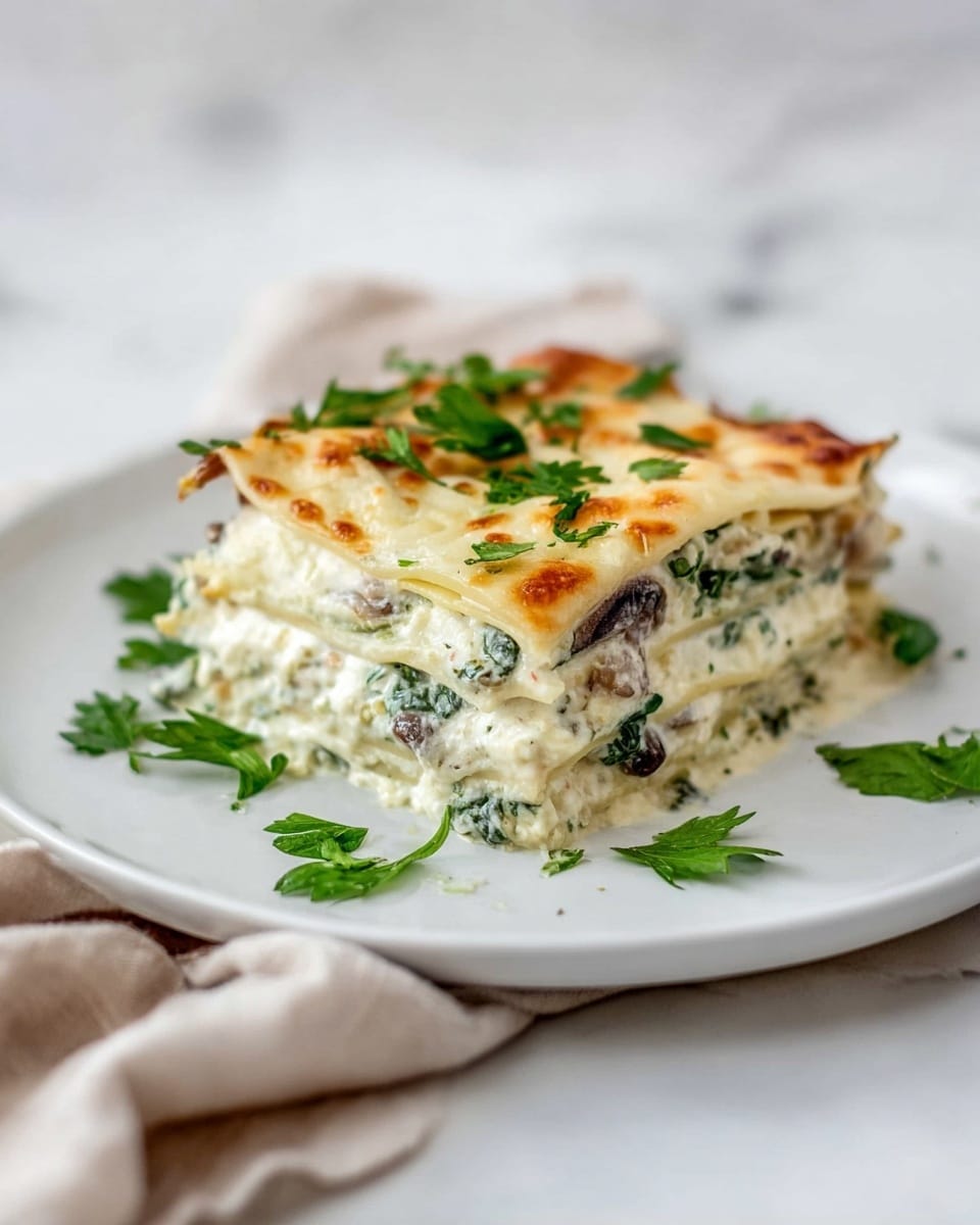 A square piece of lasagna sits on a white plate, showing about six layers. The layers alternate between creamy white sauce and pasta sheets, with visible green spinach and small dark mushrooms mixed into the white sauce. The top layer is smooth and golden with melted cheese browned in spots. Fresh green parsley leaves are scattered on top and around the plate. The plate rests on a white marbled surface with a soft beige cloth nearby. photo taken with an iphone --ar 4:5 --v 7