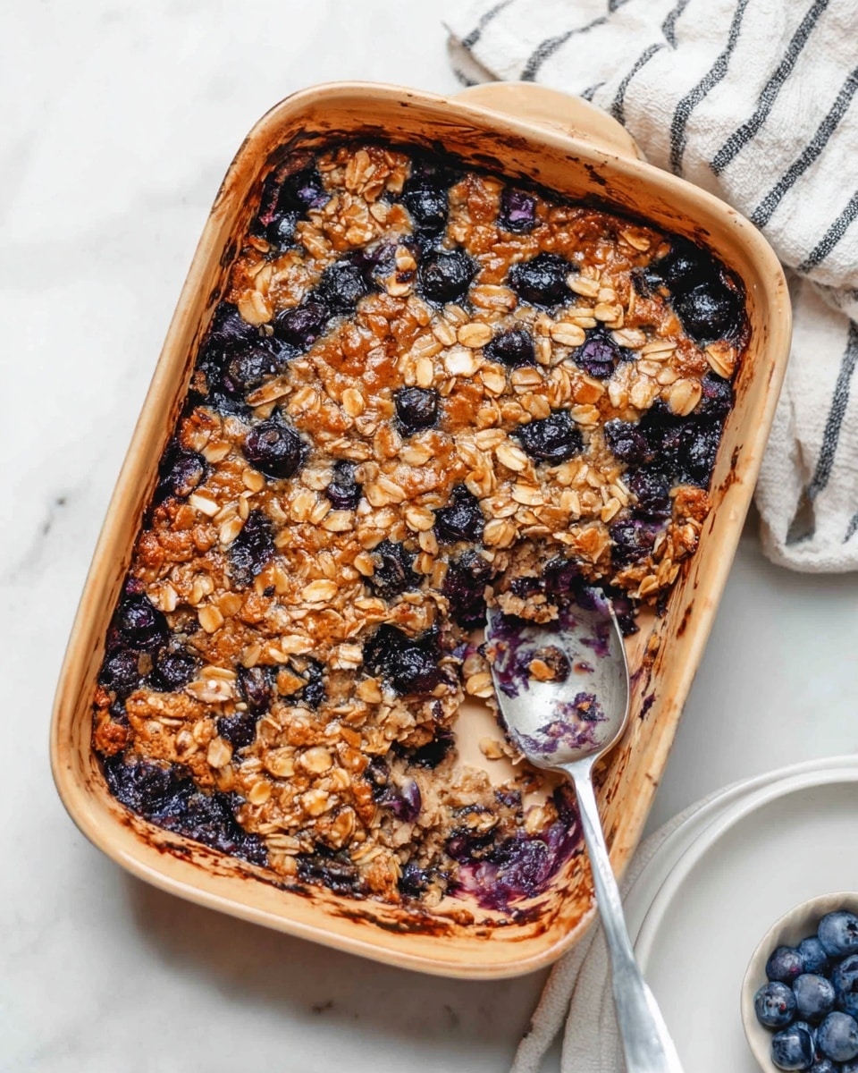 A tan rectangular baking dish filled with a baked oat casserole that has a golden brown top layer mixed with dark purple blueberries and light brown oats visible throughout. The top looks slightly crispy and textured, with some darker edges around the dish. On the right, a silver spoon rests inside the dish, showing a scoop taken out. The dish sits on a white marbled surface with a white cloth with black stripes partially visible underneath. There is a white plate with a small blueberry dish on the bottom right corner. Photo taken with an iphone --ar 4:5 --v 7