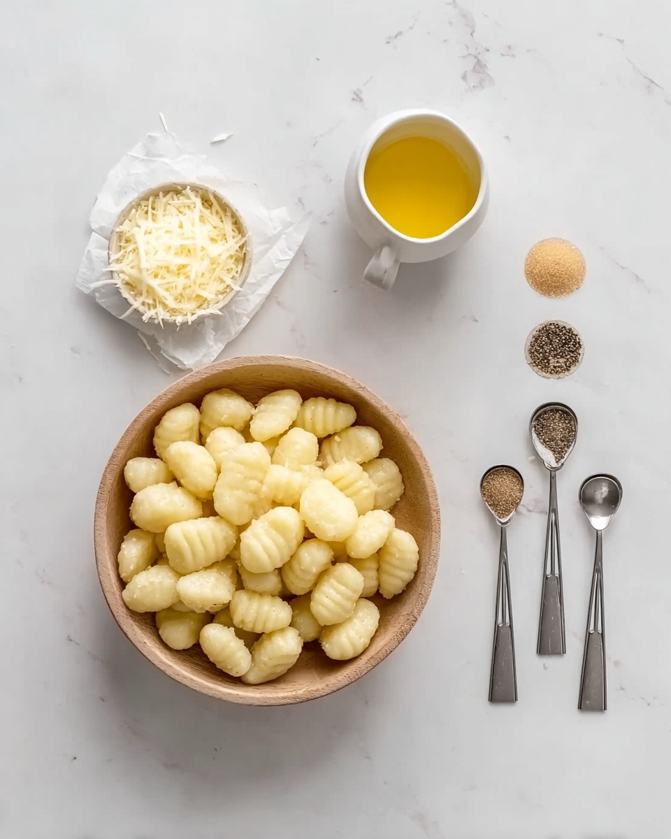 The image shows a white marbled surface with a wooden bowl full of pale yellow gnocchi in the center. Above the bowl is a small white cup filled with golden yellow melted butter. To the left of the bowl, there is a small white container holding finely grated cheese. On the right side of the bowl, there are four silver measuring spoons laid out vertically, each containing different seasonings: black pepper, salt, and a light brown spice. The scene is bright and clean with soft natural light. photo taken with an iphone --ar 4:5 --v 7