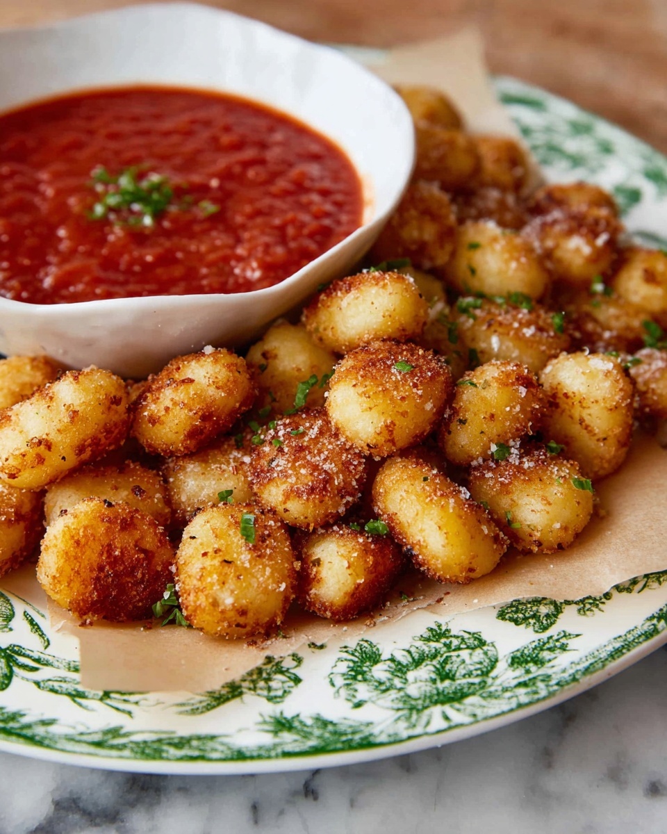 A white plate with green floral patterns holds a pile of small, round, golden brown fried gnocchi with a slightly rough texture, sprinkled lightly with salt and chopped green herbs. Behind the gnocchi, a white bowl filled with bright red marinara sauce topped with a few scattered small green herbs sits on the same plate. The plate rests on a white marbled surface, and some parchment paper is placed under the gnocchi. The image is close up and focused on the crispy texture of the fried gnocchi. photo taken with an iphone --ar 4:5 --v 7
