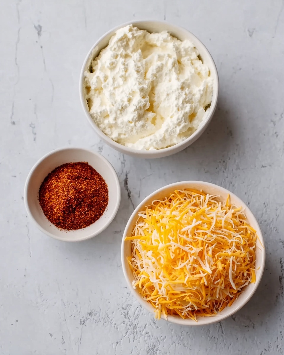 The image shows three white bowls placed on a white marbled surface. The top bowl is filled with a thick, creamy white mixture that looks soft and lumpy. To the right, a larger bowl contains shredded yellow and orange cheese with a fine, stringy texture. Below and slightly left is a small bowl filled with a reddish-brown spice blend that looks finely ground. photo taken with an iphone --ar 4:5 --v 7