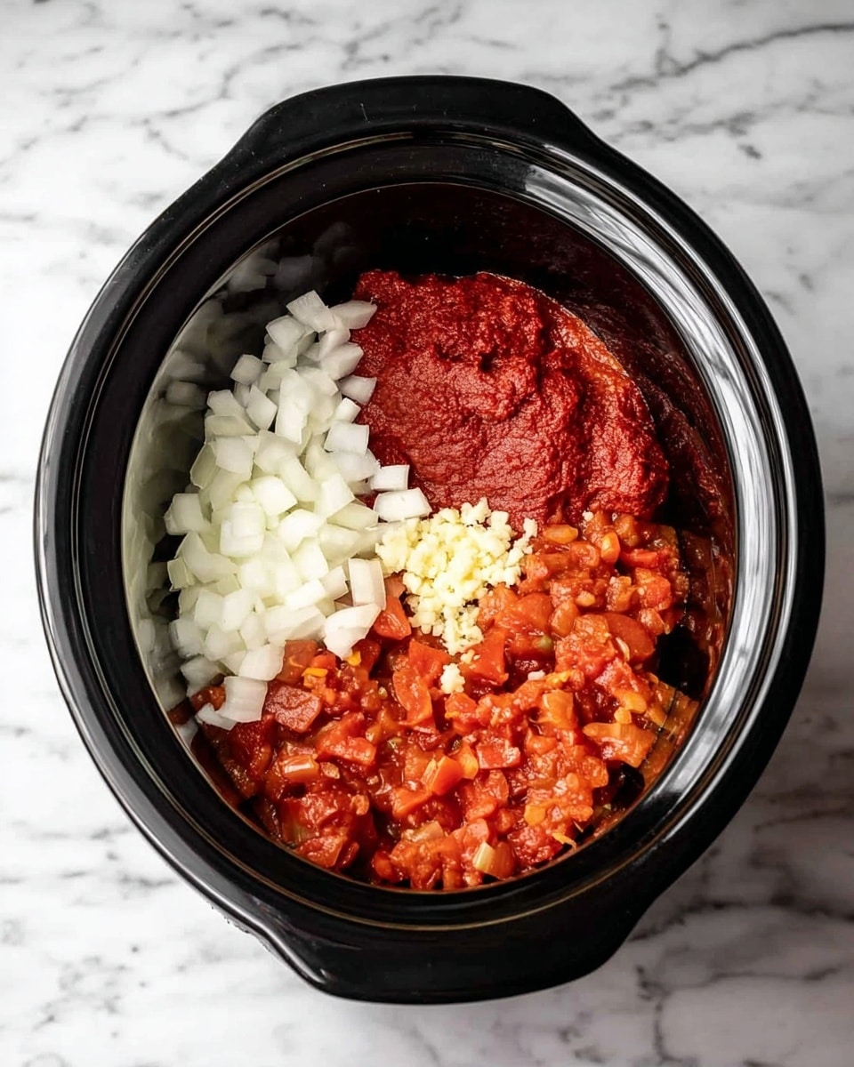 Inside a black slow cooker, there are four visible sections of ingredients arranged side by side. In the left section, there are small white chopped onion pieces with a crisp texture. Next to it, on the right, is a bright red tomato paste in thick dollops. Below the tomato paste is a chunky mixture of diced tomatoes with a softer texture and a reddish-orange color. At the center of the tomato section is a small pile of minced garlic with a pale yellowish white color. All these ingredients sit against the black inner surface of the cooker, which creates a contrast to the bright colors of the food. The background is a white marbled surface. photo taken with an iphone --ar 4:5 --v 7