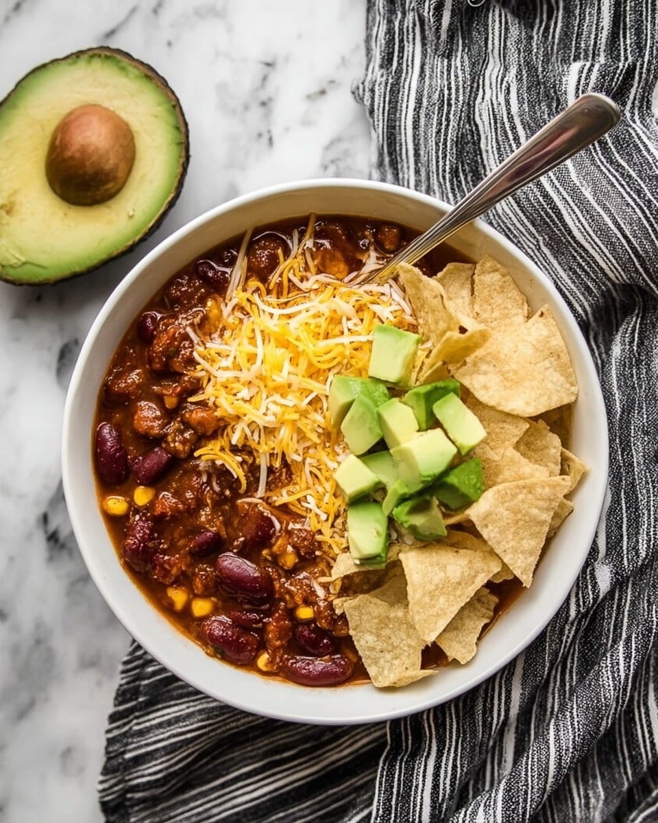 A white bowl filled with three layers: the bottom layer is a thick chili with visible beans, corn, and small tomato pieces in a dark reddish sauce, the middle layer has shredded yellow cheddar cheese sprinkled over part of the chili, and the top layer features sliced bright green avocado on one side and broken light beige tortilla chips scattered on the cheese and chili. A silver spoon is placed inside the bowl on the right side. The bowl sits on a white marbled surface with a black and white striped cloth partially under it, and half an avocado with the pit is placed to the left of the bowl. Photo taken with an iphone --ar 4:5 --v 7