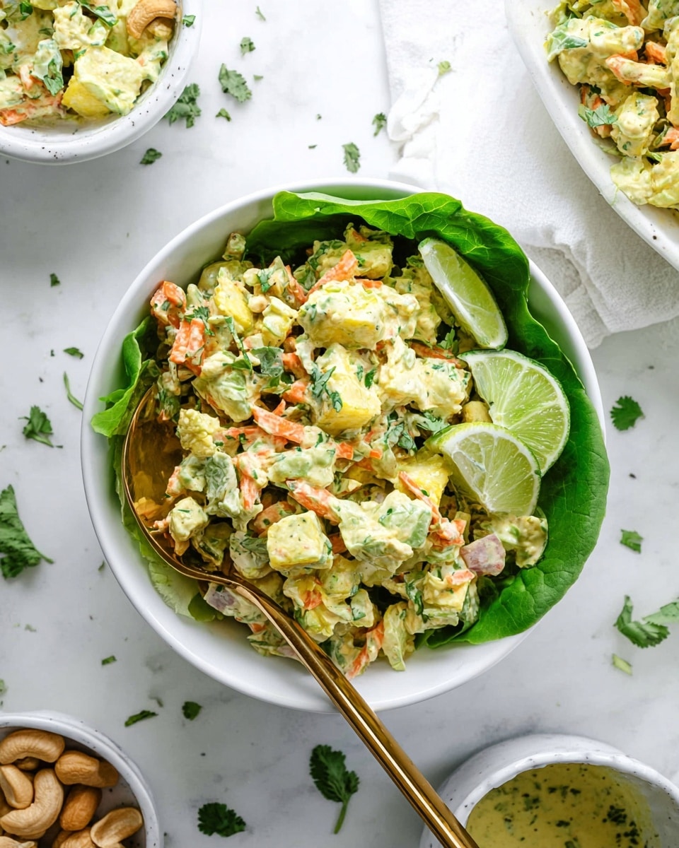 A white bowl with a green lettuce leaf lining the inside holds a creamy salad made of small diced pieces in pale yellow sauce with visible bits of orange carrots, light green celery, and green herbs. Two lime wedges are placed inside the bowl on one side. A gold spoon sits inside the bowl, extending outward. The bowl is set on a white marbled surface with a few scattered green herbs and cashew nuts around it. Nearby are other small white bowls, one filled with more of the salad and the others with extra sauce and herbs. Photo taken with an iphone --ar 4:5 --v 7