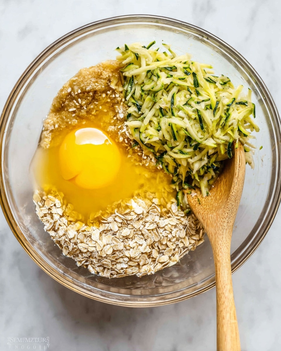 A clear glass bowl sits on a white marbled surface containing several visible layers of ingredients ready to be mixed. One side shows a bright yellow egg yolk next to a light honey-colored drizzle. To the right of these, fluffy light brown oats fill about half of the bowl, and at the top right, shredded green zucchini adds a fresh, textured layer. A wooden spoon with a smooth light brown finish is partially stirring the ingredients from the right center of the bowl. Photo taken with an iphone --ar 4:5 --v 7