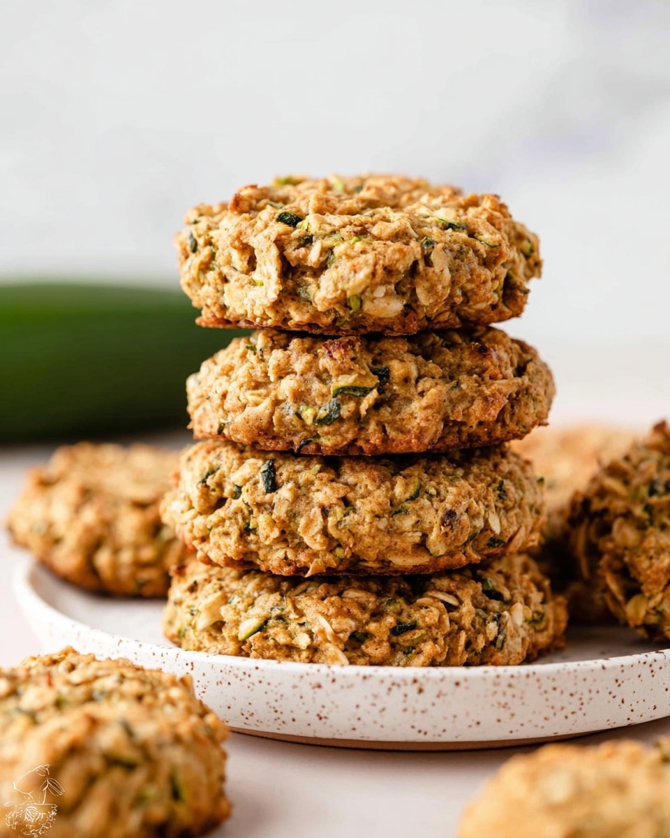 A stack of five round, thick oatmeal cookies with visible bits of green zucchini mixed in, showing a coarse and chunky texture, sits centered on a white speckled plate. The cookies have a golden-brown color with some hints of darker grains, and the uneven surface reveals oats and other small ingredients. Around the stack, more of these cookies lie flat, all on a white marbled surface that contrasts softly with the warm colors of the cookies. The focus is on the stack, with a blurred green zucchini in the soft background. Photo taken with an iphone --ar 4:5 --v 7