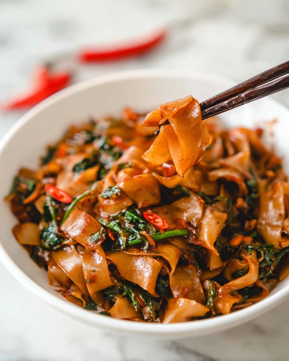 A white bowl filled with wide, flat noodles in a shiny reddish-brown sauce, mixed with dark green leafy vegetables and small slices of red chili, all tightly held by dark brown chopsticks above the bowl, showing the noodles’ glossy texture and softness with some folds; the background features a white marbled surface with two blurred red chilies. Photo taken with an iphone --ar 4:5 --v 7