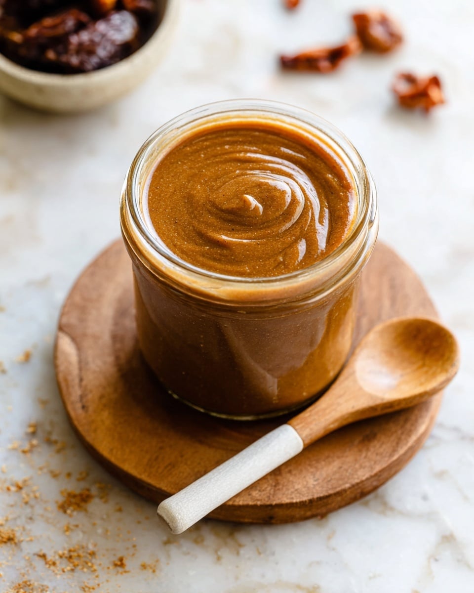 A clear glass jar filled with smooth, thick, brown sauce with a shiny surface and gentle swirls, placed on a round wooden coaster. Next to the jar lies a small wooden spoon with a white handle, resting on the coaster. In the background, there are dried reddish-brown ingredients scattered on a white marbled surface. The photo feels bright and natural, taken close up to show the texture of the sauce clearly photo taken with an iphone --ar 4:5 --v 7