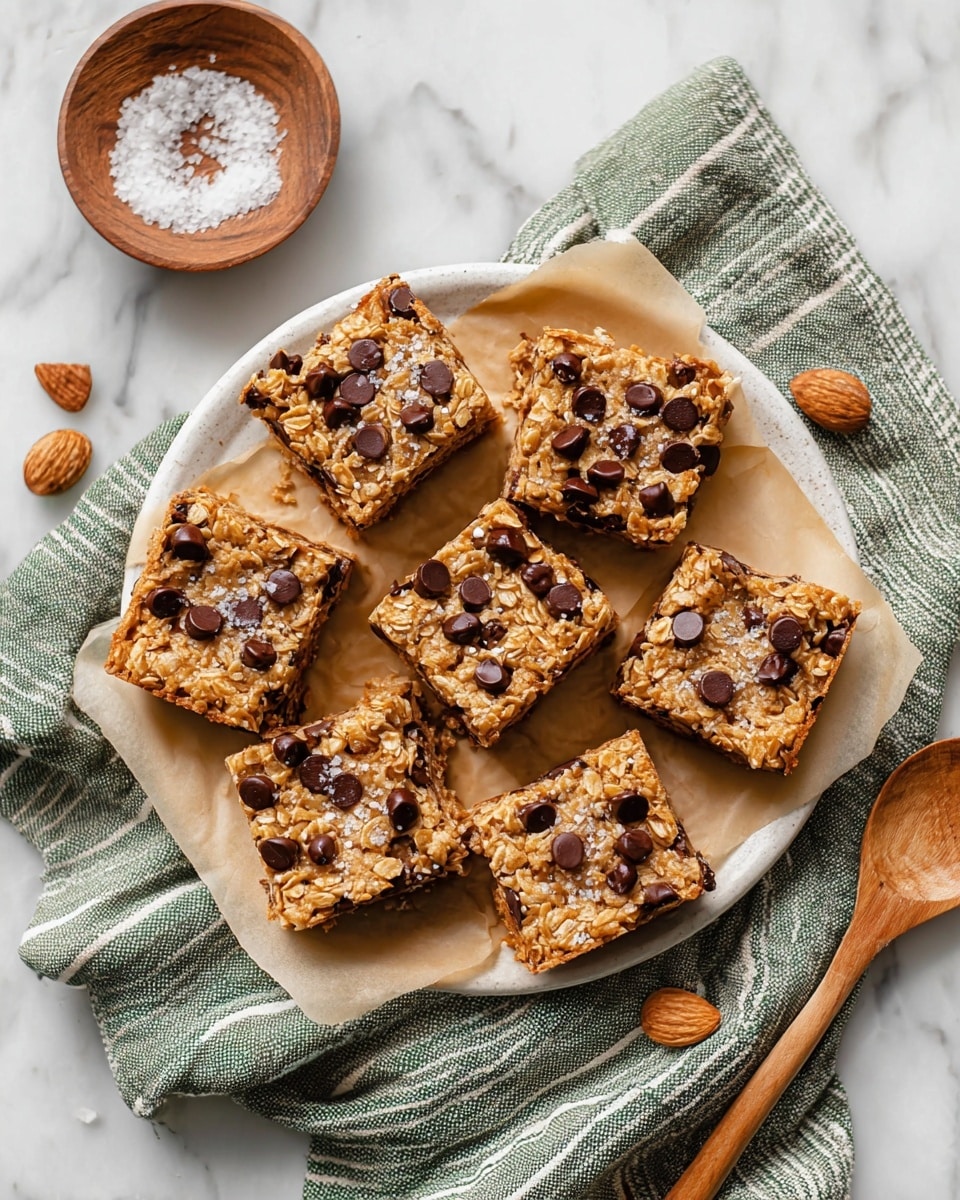 A white plate lined with light brown parchment paper holds seven square oat bars topped with dark chocolate chips and a sprinkle of coarse sea salt. The oat bars have a golden-brown color with a slightly textured surface from the oats and melted chocolate chips that appear soft and shiny. The plate rests on a green and white striped cloth on a white marbled surface. Next to the plate is a small wooden bowl filled with coarse sea salt and a wooden spoon inside it. Two whole nuts are also placed on the marble surface near the bowl. Photo taken with an iphone --ar 4:5 --v 7