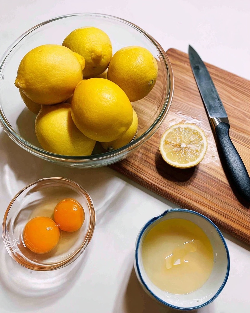 The image shows a clear glass bowl full of whole yellow lemons with smooth, shiny skin, with one lemon cut in half, revealing its pale yellow juicy inside and placed on the right edge of the bowl. Below it is a smaller clear glass bowl holding three bright orange egg yolks with a smooth, glossy texture. To the right, there is a wooden cutting board with a smooth finish, and on it lies a black-handled knife. In the bottom right corner, a blue and white cup holds a pale yellow liquid with a drop spilled on the white marbled surface under it. The background is a clean white marbled texture. Photo taken with an iphone --ar 4:5 --v 7