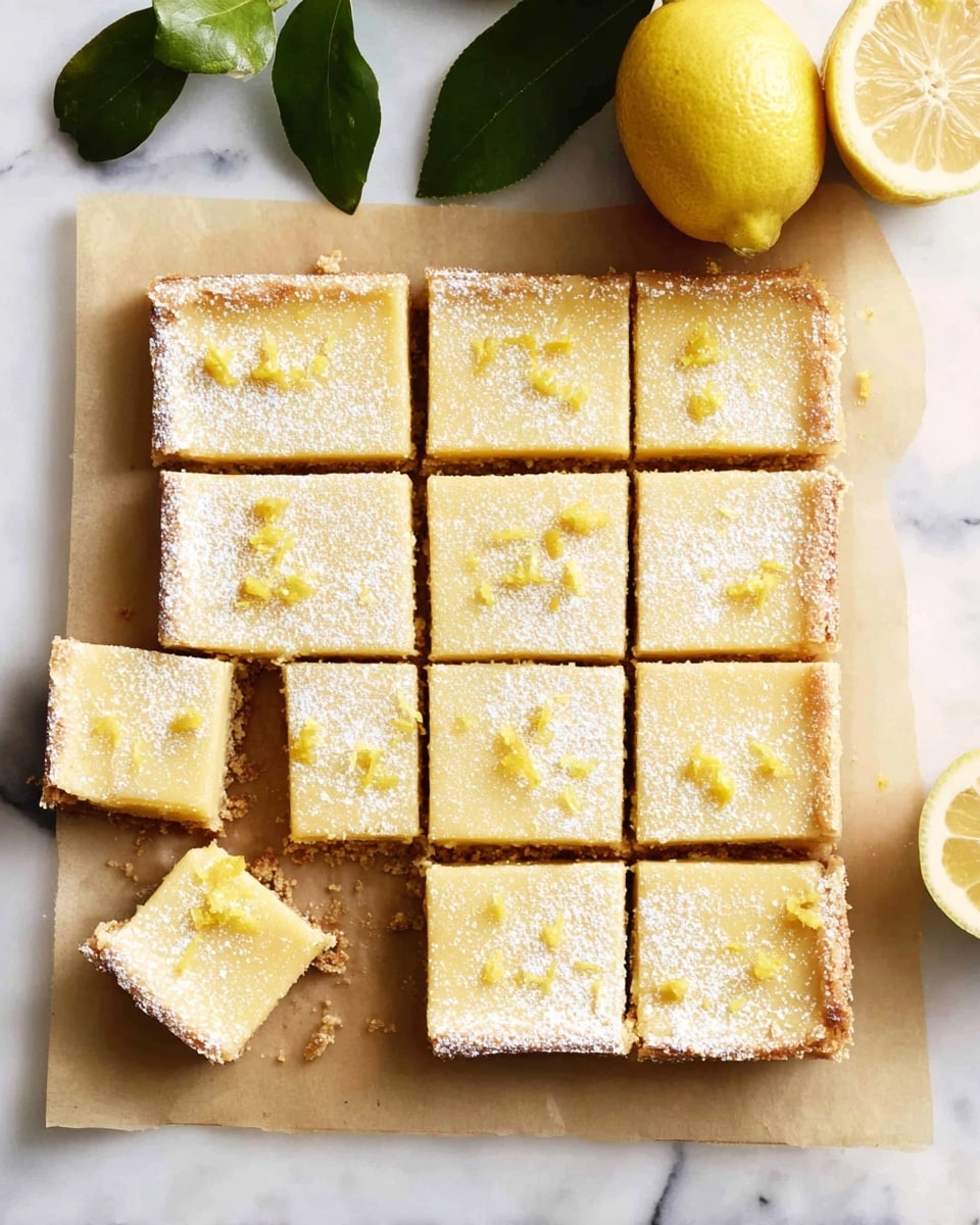 A batch of lemon bars arranged on light brown parchment paper placed on a white marbled surface. There are sixteen square pieces in four rows and four columns; the bars have a smooth, pale yellow layer on top with small lemon zest bits scattered throughout. The crust layer underneath is light brown and crumbly, visible on the edges and where one square has been slightly moved away, revealing the thickness. A dusting of powdered sugar lightly covers the top of each bar. Near the top right corner, a half lemon and a full lemon sit on the white marbled surface, with some green leaves placed in the top center of the image. Photo taken with an iphone --ar 4:5 --v 7
