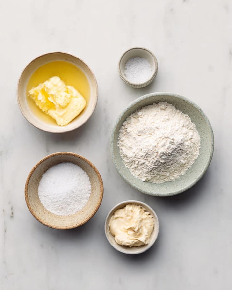 Five small bowls with different ingredients sit on a white marbled surface. One bowl has melted light yellow butter with a smooth texture. Another bowl is filled with fine white flour piled high and soft. A third bowl contains white powder, likely baking powder or sugar, with a slightly grainy texture. There is a small bowl with beige creamy butter, smooth and soft, and another small bowl holds a tiny amount of white granulated salt. The bowls are arranged close together, creating a neat group. photo taken with an iphone --ar 4:5 --v 7