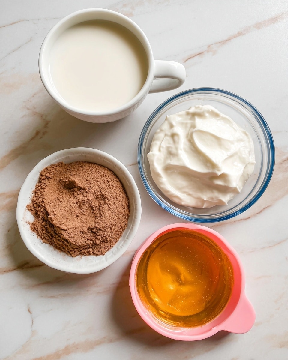The image shows four small containers on a white marbled surface. At the top is a white cup filled with milk, smooth and white, with a handle on the right side. Below it is a clear glass bowl with white creamy yogurt that looks thick and soft. On the left side, there is a small white bowl with brownish powder, dry and fine. On the right side, a pink silicone cup holds a golden honey-like liquid with a shiny surface. The containers are arranged in a square shape, with clear details and bright colors. Photo taken with an iphone --ar 4:5 --v 7