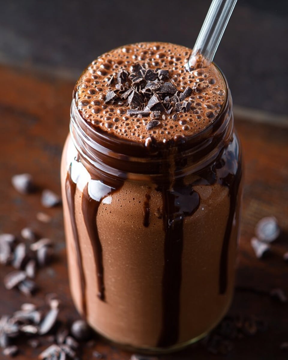 A tall glass jar filled with a rich, frothy chocolate drink topped with small bubbles and sprinkled with dark chocolate shavings and drops. Thick dark chocolate sauce drips inside the jar, creating wavy lines down its sides. A clear glass straw is inserted into the drink from the top right side. The jar sits on a dark wooden surface with blurred chocolate chips around. photo taken with an iphone --ar 4:5 --v 7