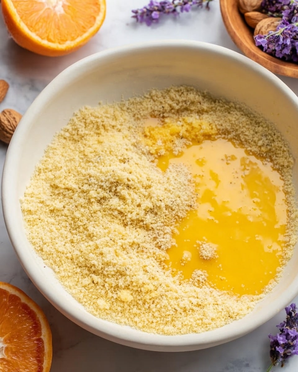 A white bowl filled with a mixture of dry light yellow almond flour covering about three-fourths of the surface, with a pool of bright yellow beaten eggs partially spreading on one side. The almond flour has a fine, sandy texture while the beaten eggs are smooth and slightly bubbly. Around the bowl are a halved orange, some purple flowers, and a wooden nut bowl on a white marbled surface. Photo taken with an iphone --ar 4:5 --v 7