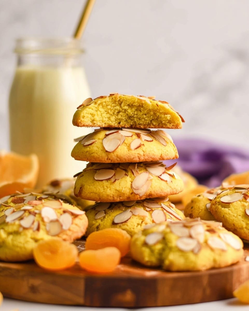 A stack of soft round cookies with a golden yellow color is shown, topped with thinly sliced almonds that add a textured light brown and cream pattern on each cookie. The top two cookies are stacked with the top one split to show a moist, dense interior that matches the warm yellow outside. The cookies rest on a wooden board layered with more cookies and small pieces of peeled fruit with light orange skin. Behind the stack is a blurred glass bottle with a light cream drink and a straw against a white marbled surface. photo taken with an iphone --ar 4:5 --v 7
