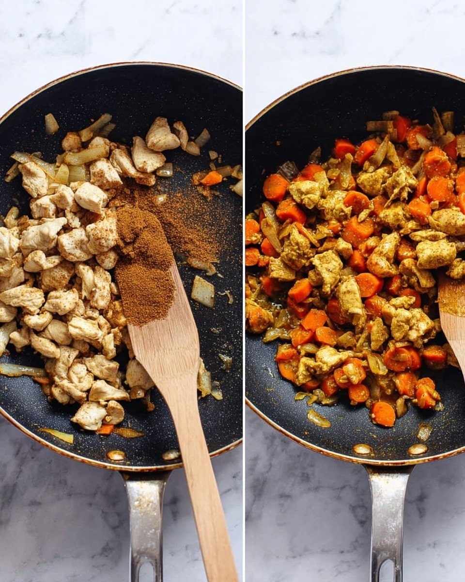 The image shows two black pans side by side on a white marbled surface. The left pan has small chunks of white chicken mixed with orange carrot pieces and some cooked onion bits. A wooden spatula lies in the pan with some brown spice powder added on top of the chicken. The right pan shows the same chicken and carrots now cooked and mixed with the brown spice, giving the dish a warm golden color. The wooden spatula is also resting inside the pan, stirring the cooked ingredients. photo taken with an iphone --ar 4:5 --v 7