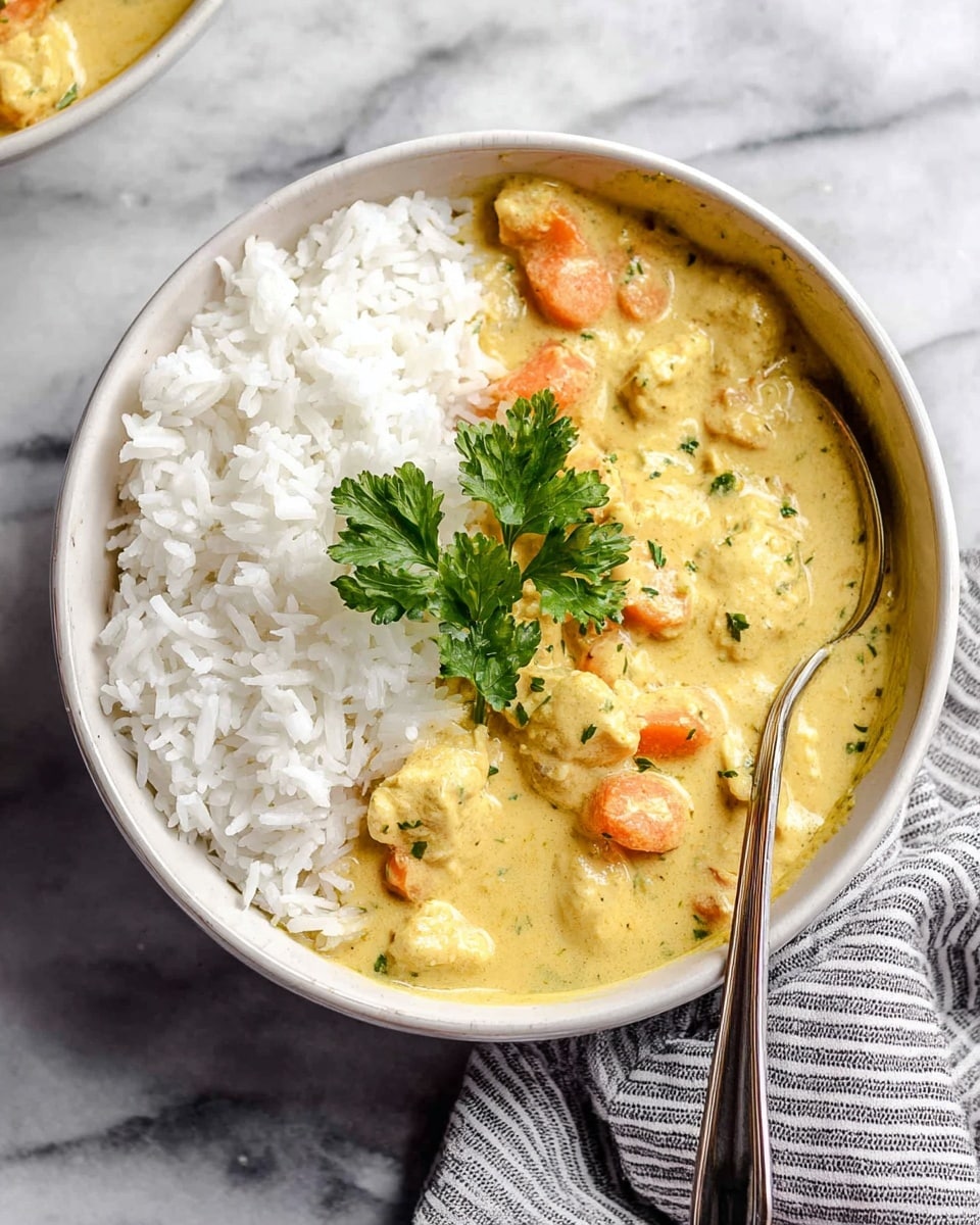 A white bowl filled halfway with white rice shows a creamy yellow curry covering the other half of the bowl. The curry contains small pieces of orange carrots and soft chunks of a light yellow ingredient, possibly potatoes or tofu. On top of the curry, there is a sprig of fresh green parsley for garnish. A silver spoon rests inside the bowl on the right side. The bowl is placed on a white marbled surface with a striped cloth partially visible in the bottom right corner. Photo taken with an iphone --ar 4:5 --v 7