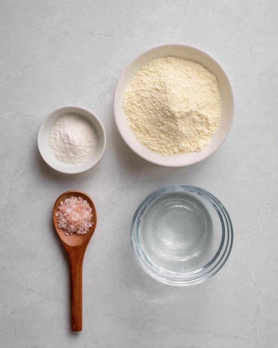 The image shows four ingredients on a white marbled surface. At the top right, there is a white bowl filled with a pale yellow powder that looks like flour. Below and slightly to the left, a small white dish holds white powder, probably baking soda or baking powder. Next to this, on the right, is a clear glass bowl with water inside it, showing a shiny, smooth surface. At the bottom left, there is a wooden spoon holding a small heap of pink salt, with the grains clearly visible. photo taken with an iphone --ar 4:5 --v 7