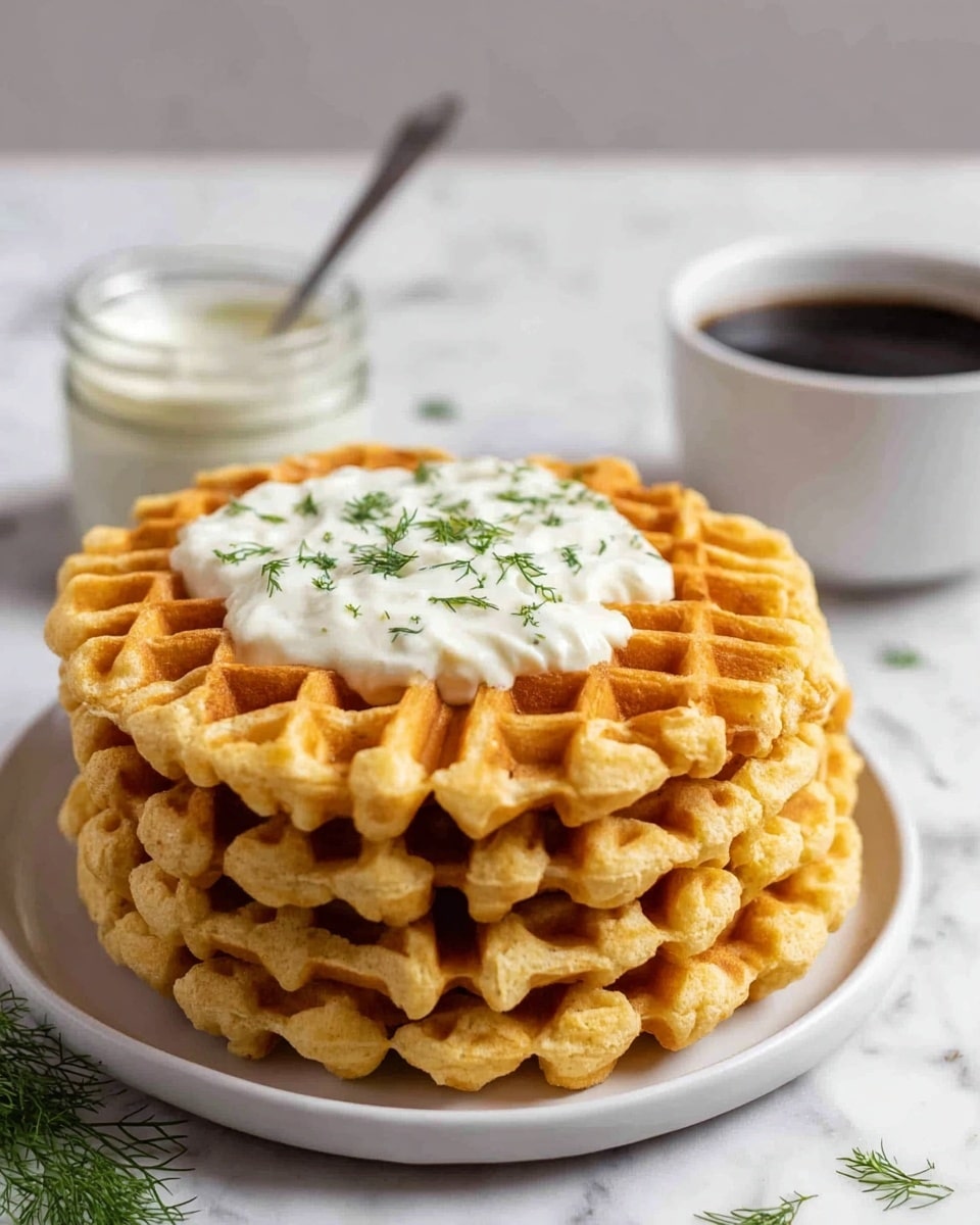 A stack of four golden-brown waffles sits on a white plate, each waffle showing a grid pattern with crisp, slightly rounded edges. On the top waffle, there is a dollop of white creamy sauce sprinkled with small green dill leaves. Behind the plate, a small glass jar with a spoon inside contains more creamy sauce, and a white cup filled with black coffee is placed next to it. The surface beneath all items is a white marbled texture with a few scattered small green dill sprigs. photo taken with an iphone --ar 4:5 --v 7
