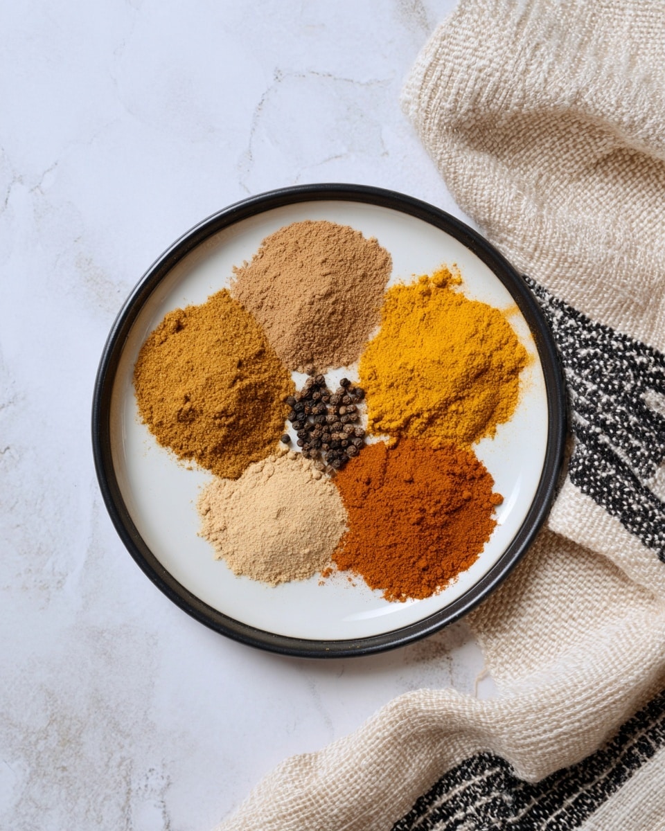 A white plate with a black rim holds six small piles of spices, arranged in a circle. The top two piles are light brown and golden yellow powders, the middle right pile is a warm orange powder, the middle left pile is a darker brown powder, and at the center bottom there is a beige powder, with a small pile of black pepper in between them. The plate is set on a white marbled surface, with a beige and black striped cloth next to it on the right side. photo taken with an iphone --ar 4:5 --v 7