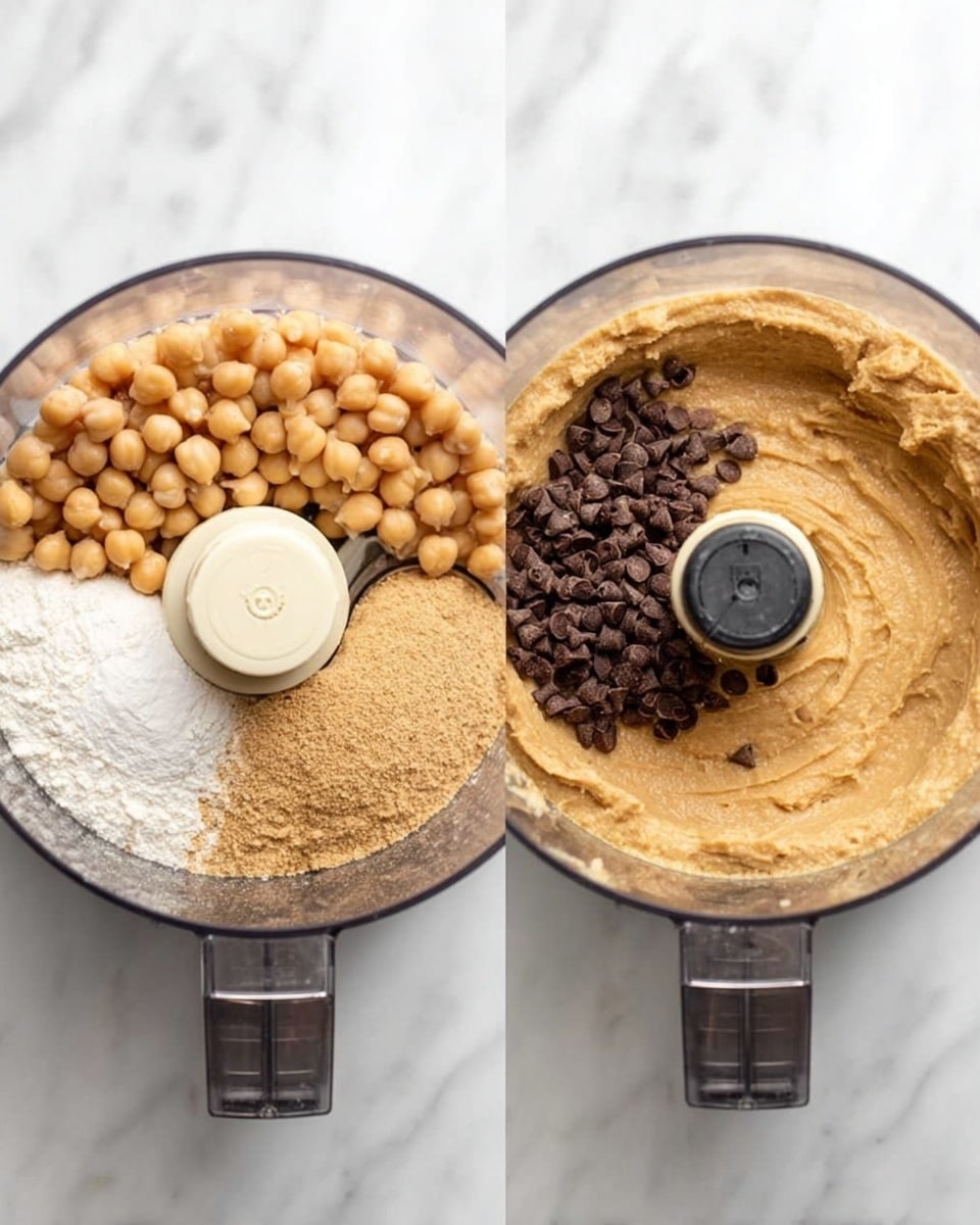The image shows two food processor bowls on a white marbled surface. The left bowl is filled with whole chickpeas, a pile of light beige flour, light brown peanut butter, and white sugar layered on top, all surrounding the blade in the center. The right bowl shows a smooth, creamy, light brown nut butter mixture with a small pile of dark brown chocolate chips on top near the blade. photo taken with an iphone --ar 4:5 --v 7