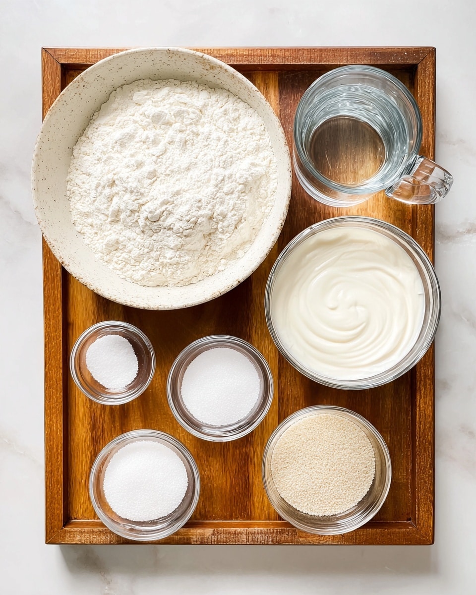 A wooden tray with six containers arranged neatly on it, placed on a white marbled surface. At the top left, a large round bowl filled with white flour that has a slightly coarse texture and a speckled off-white rim. To the right of this bowl is a clear glass mug containing transparent water. Below the flour bowl, from left to right, there are three small clear glass bowls holding white powdery substances of varying textures: the first is baking powder or soda, the second looks like salt, and the third is granulated sugar. Next to these, on the right side, is a medium clear glass bowl filled with smooth, creamy white yogurt. At the bottom right corner, a small clear glass bowl contains fine beige yeast granules. The image is bright and clean. photo taken with an iphone --ar 4:5 --v 7
