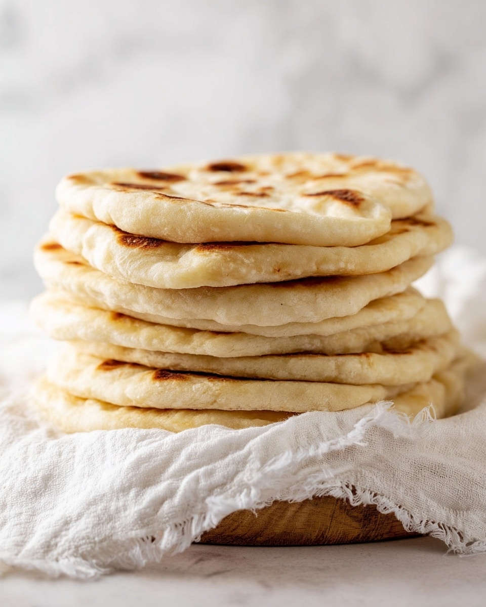 A stack of seven flatbreads is shown, each layer thick and round with a soft, slightly puffy texture. The flatbreads have light golden brown spots on the top surface, showing where they were cooked, with the rest of their color a pale cream. The stack sits on a white cloth with a delicate, gauzy texture, placed on a wooden board. The background is a white marbled texture, giving a clean and bright look. photo taken with an iphone --ar 4:5 --v 7