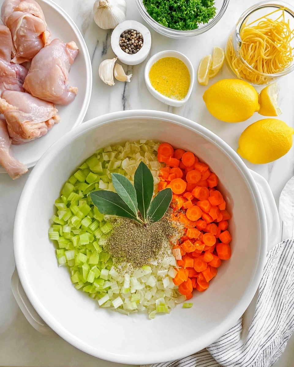 A large white bowl holds three clear layers of ingredients: the bottom layer is light green chopped celery pieces, the middle layer is bright orange carrot slices, and the top layer is pale white chopped onions sprinkled with ground black pepper and a pair of dark green bay leaves placed on top. Surrounding the bowl on a white marbled surface are raw light pink chicken thighs on a white plate, a clear measuring cup filled with uncooked yellow pasta, a half lemon, a small white bowl filled with fresh green parsley, whole garlic bulbs, a grater, whole bright yellow lemons on a white plate, a small white container with black pepper, and a striped white and grey cloth. Photo taken with an iphone --ar 4:5 --v 7