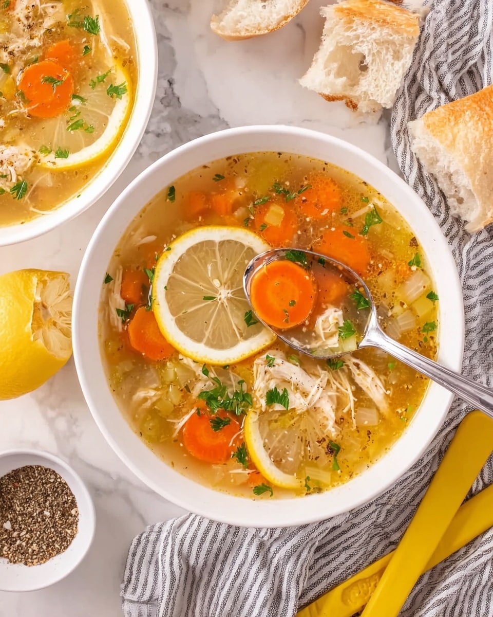 The image shows a white bowl filled with clear chicken soup that has visible layers including shredded chicken, bright orange carrot slices, small bits of celery, and two lemon slices floating on top, all garnished with chopped green parsley. A silver spoon rests inside the bowl, scooping some carrots and chicken. The bowl is placed on a white marbled surface next to torn pieces of crusty bread and a small white bowl filled with ground black pepper. A yellow spoon and yellow tongs lie on a grey and white striped cloth nearby. Photo taken with an iphone --ar 4:5 --v 7