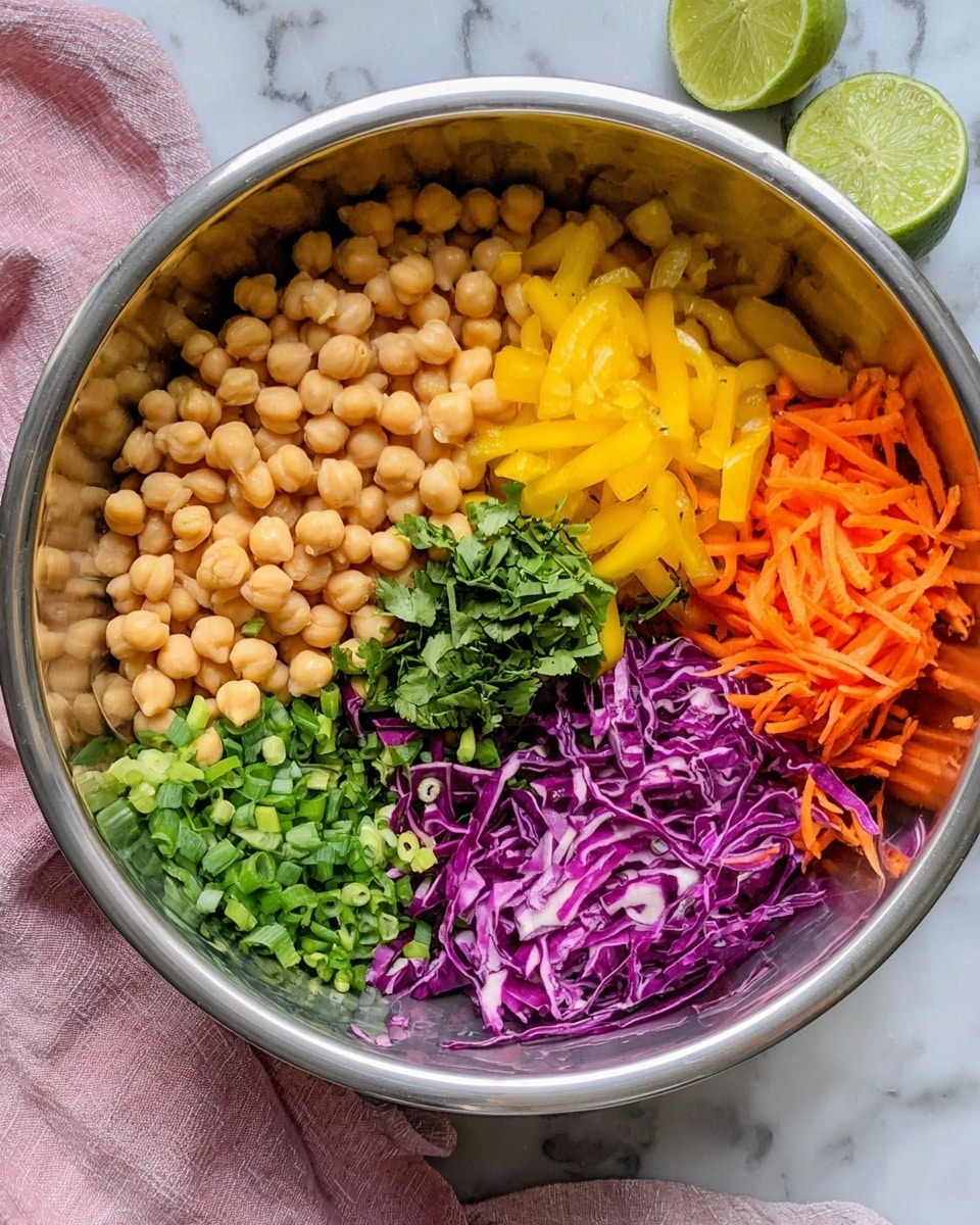 A large silver bowl holds a colorful mix of ingredients arranged in sections. On the left, there is a heap of light brown chickpeas with a smooth texture. Next to them are bright yellow chopped bell peppers, cut into thin strips. At the bottom, shredded purple cabbage adds a rich, deep color. To the right of the peppers, there are small orange carrot sticks with a slightly rough texture. In the center, there is a bunch of bright green chopped scallions and cilantro with leafy edges. The bowl sits on a white marbled surface with a sliced lime nearby and a pale pink cloth partially visible. Photo taken with an iphone --ar 4:5 --v 7