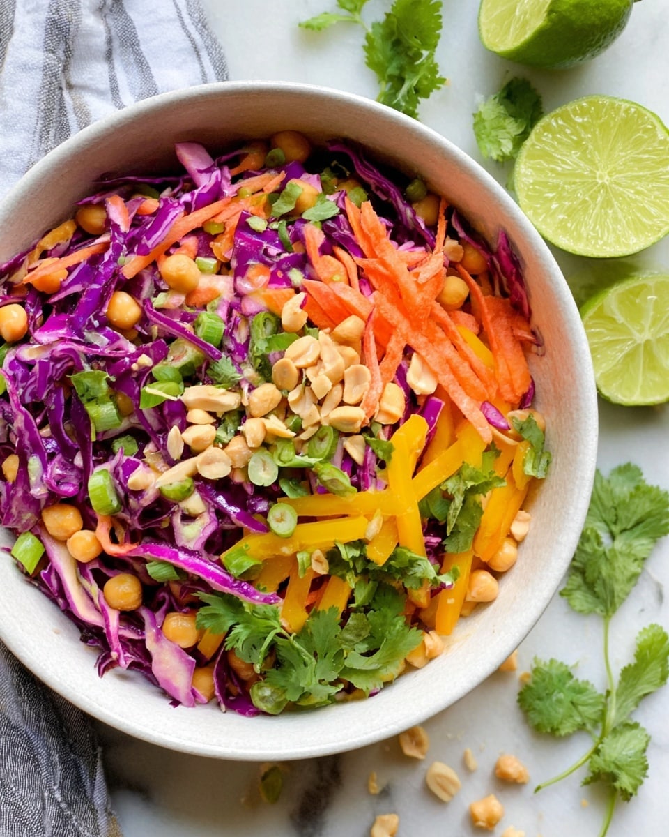 A white bowl filled with a colorful salad, showing layers of thin purple cabbage strips, orange carrot sticks, bright yellow bell pepper pieces, and whole chickpeas mixed together. Green onion slices and fresh cilantro leaves are sprinkled on top along with light brown peanut halves, adding texture and color contrast. The bowl is placed on a white marbled surface, with part of a halved lime and some cilantro leaves scattered nearby. Photo taken with an iphone --ar 4:5 --v 7