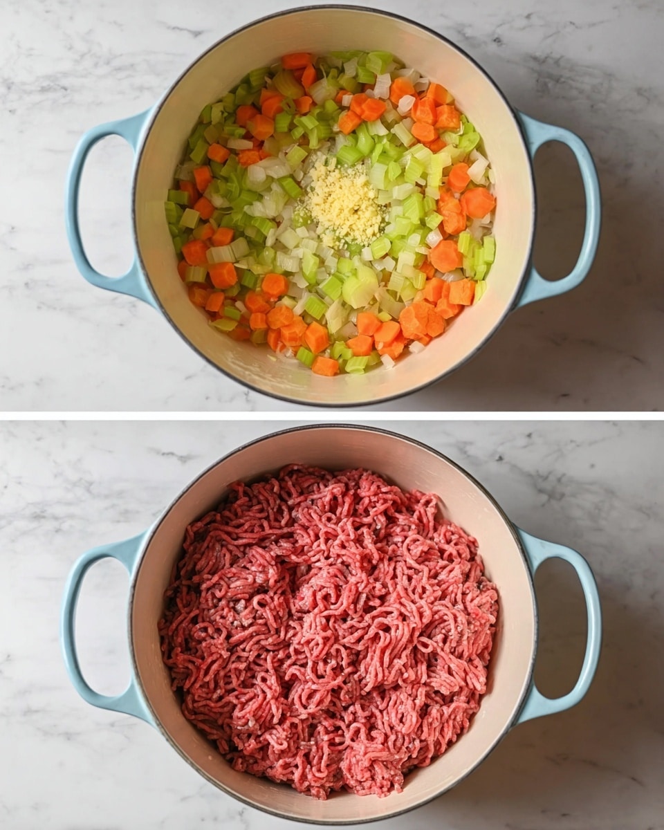 The first image shows a white pot with light blue handles on a white marbled surface. Inside the pot, there is one layer of small chopped vegetables including light green celery, orange carrots, and translucent onions spread evenly around the edges, with a small pile of minced pale yellow garlic in the center. The second image shows the same white pot with light blue handles on the white marbled surface. The bottom layer is the cooked chopped vegetables from before, and on top, there is a thick layer of raw ground meat covering most of the vegetable layer, showing its pinkish-red color and stringy texture. Photo taken with an iphone --ar 4:5 --v 7