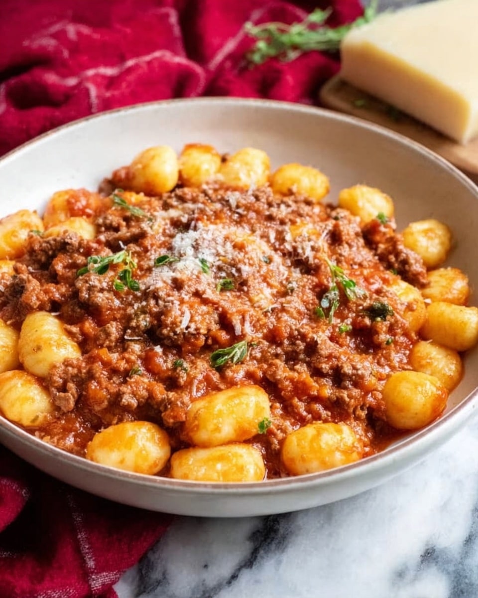 The image shows a white shallow bowl filled with a two-layered dish. The bottom layer is small, round, golden gnocchi with a smooth texture, scattered across the whole bowl. On top of the gnocchi is a thick layer of minced meat in a reddish-brown tomato sauce with small bits of herbs sprinkled over. The dish is placed on a white marbled surface with a red cloth nearby and a block of cheese in the background. A sprinkle of grated cheese is visible on top of the meat sauce. Photo taken with an iphone --ar 4:5 --v 7