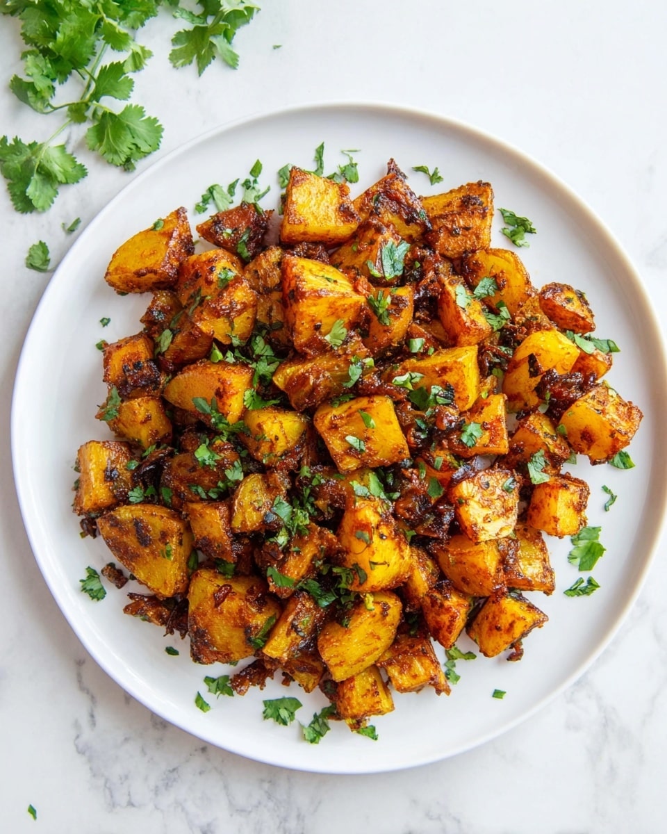 The image shows a white plate on a white marbled surface, filled with golden-brown roasted potato pieces that have crispy edges and a slightly charred texture. The potatoes are cut into small chunky cubes and are evenly coated with dark spices and bits of herbs. Fresh green chopped cilantro is sprinkled on top and around the plate, adding a pop of color and freshness to the dish. photo taken with an iphone --ar 4:5 --v 7