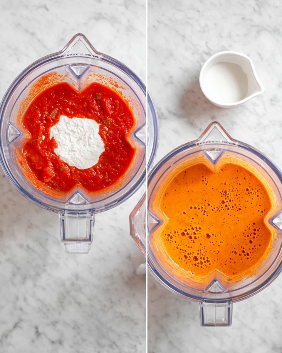 The image shows a white marbled surface with two clear blender jars. The left blender jar contains two layers: a thick red sauce with visible tomato pieces as the bottom layer and a white creamy layer on top. A white measuring cup with a small amount of white cream sits nearby. The right blender jar displays the result of mixing the previous ingredients into a smooth, bright orange creamy sauce with small bubbles on top. Both jars have a clear handle and spout. photo taken with an iphone --ar 4:5 --v 7