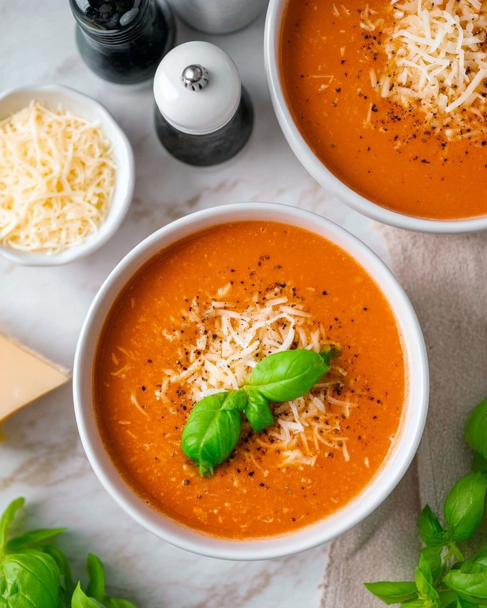 Two white bowls filled with smooth, orange tomato soup topped with sprinkled shredded cheese and black pepper. One bowl in front has two bright green basil leaves resting on top, adding a fresh touch. The bowls sit on a white marbled surface, surrounded by a small white bowl of extra shredded cheese, a pair of black and white salt and pepper shakers, and some fresh green basil leaves and stems on the side. Photo taken with an iphone --ar 4:5 --v 7
