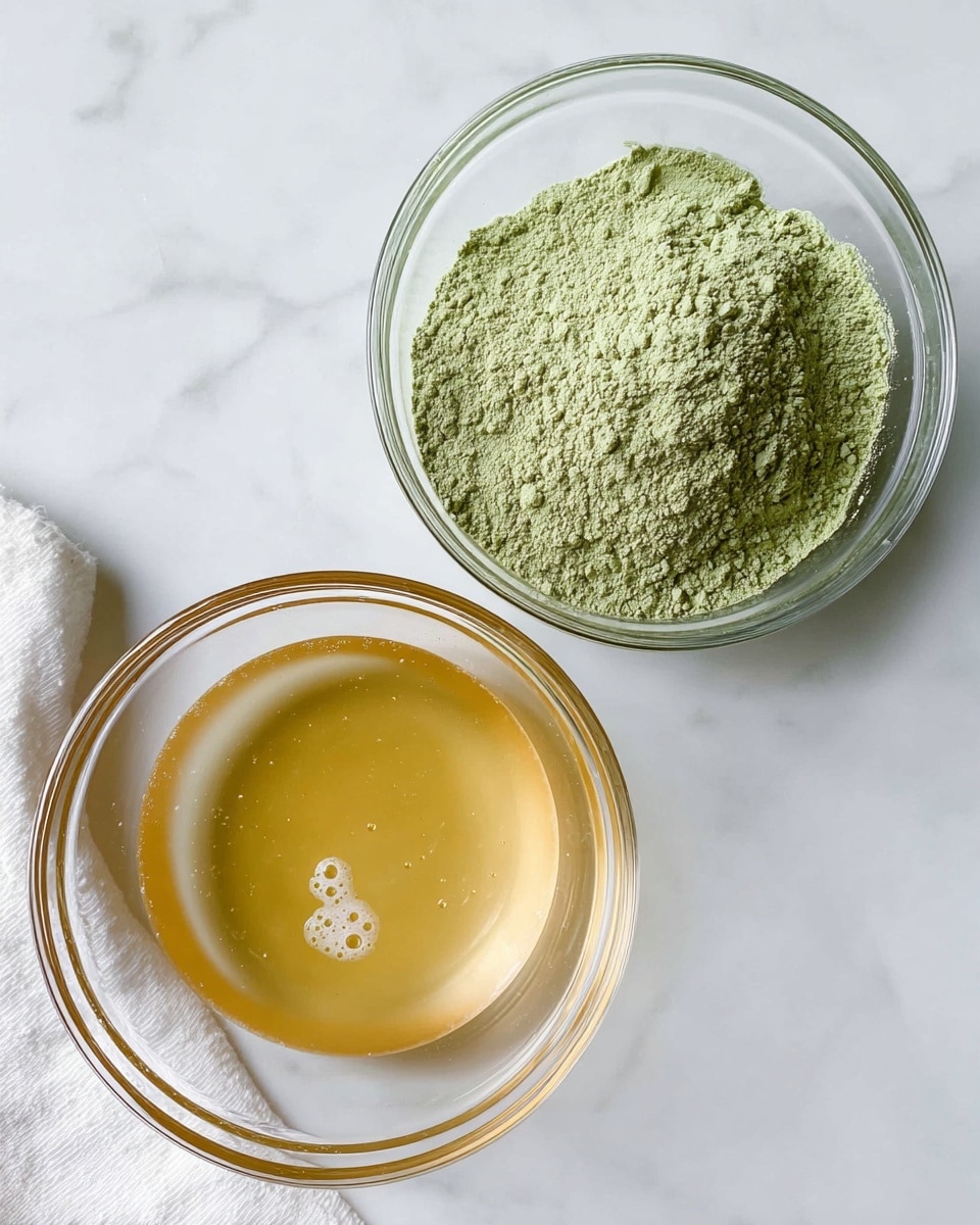 Two clear glass bowls sit on a white marbled surface. The top bowl contains a fine, light green powder that covers the base evenly with a soft, slightly uneven texture. Below it, the second bowl holds a smooth, light golden liquid with a few small bubbles on its surface, spreading across the bowl with a shiny, watery look. A white cloth is partly visible near the top left corner. photo taken with an iphone --ar 4:5 --v 7