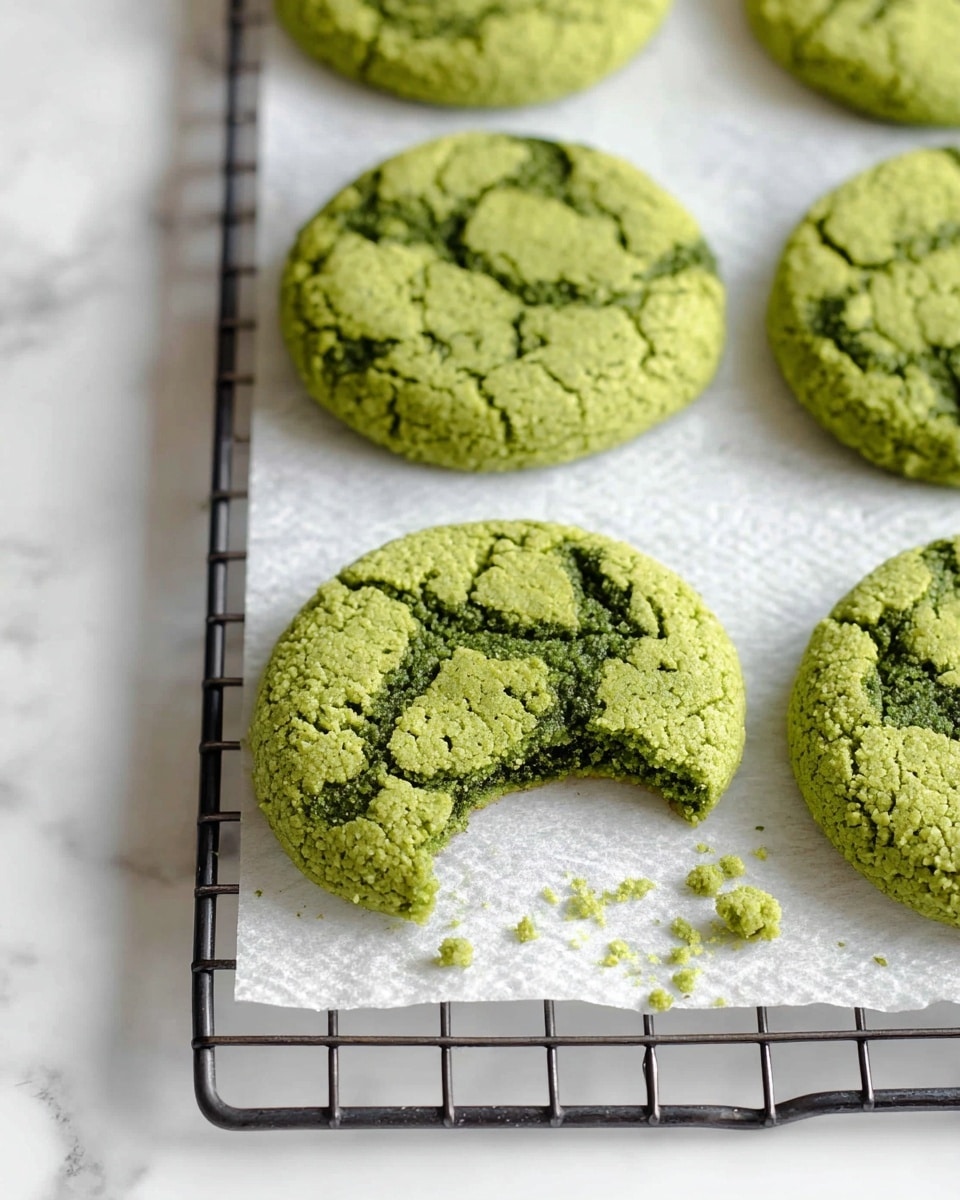 The image shows a batch of six bright green cookies cooling on a black metal rack lined with white parchment paper on top of a white marbled surface. Each cookie has a cracked texture with darker green spots giving a rough look. One cookie, positioned near the bottom center, has a bite taken out of it, revealing its soft inside and scattering small crumbs around it. The cookies are round and about the same size, spaced evenly on the cooling rack. photo taken with an iphone --ar 4:5 --v 7