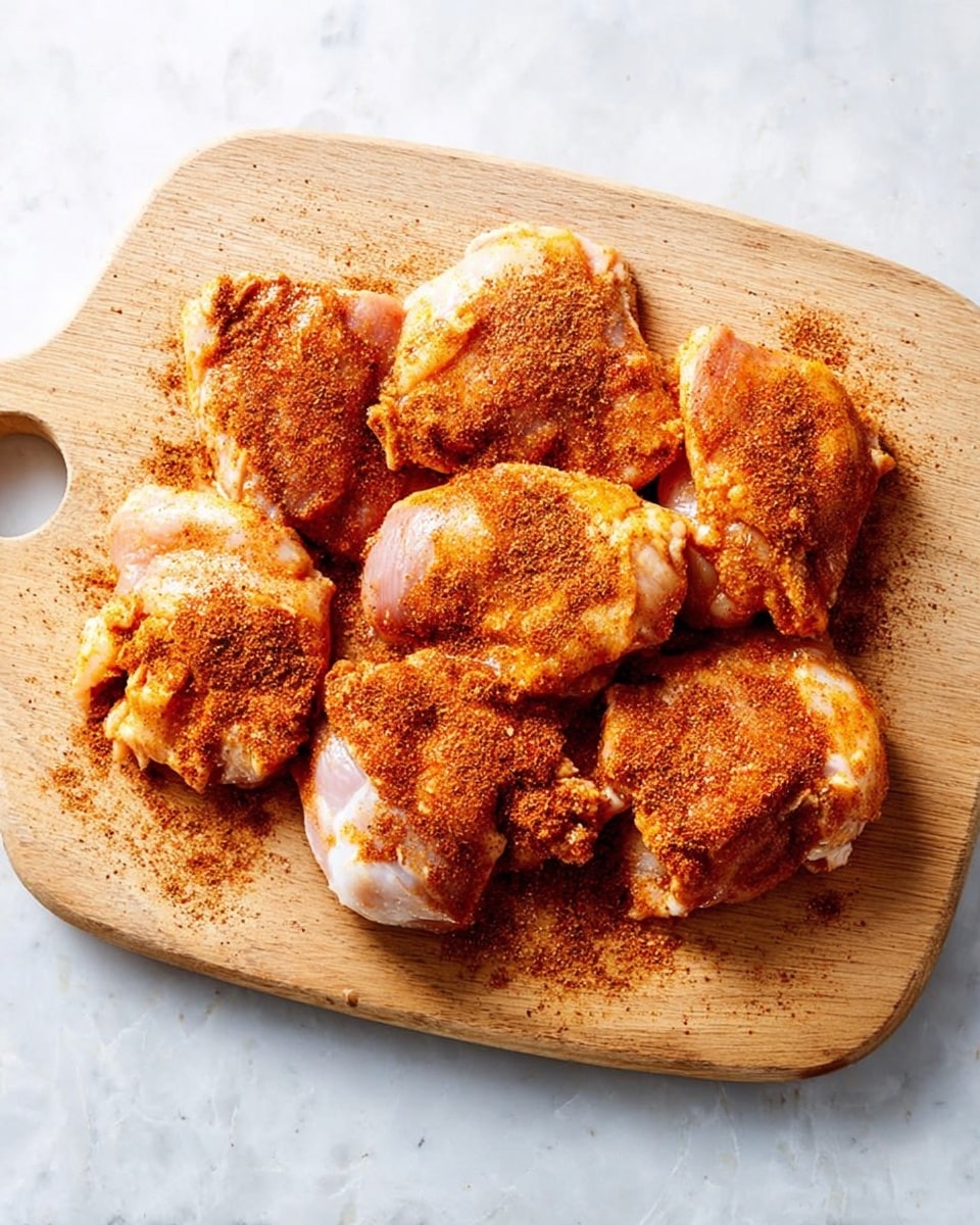 A wooden cutting board on a white marbled surface holds eight raw chicken pieces, each evenly coated with a sprinkle of reddish-brown spice mix. The chicken pieces vary in shape, showing some skin and light pink flesh beneath the spice layer. The spice is spread thickly in some areas and thinner in others, creating a textured look with some loose powder around the edges of the chicken. The cutting board has a rounded rectangular shape with a small handle cut-out on the left side, and the overall scene is bright and clear. photo taken with an iphone --ar 4:5 --v 7