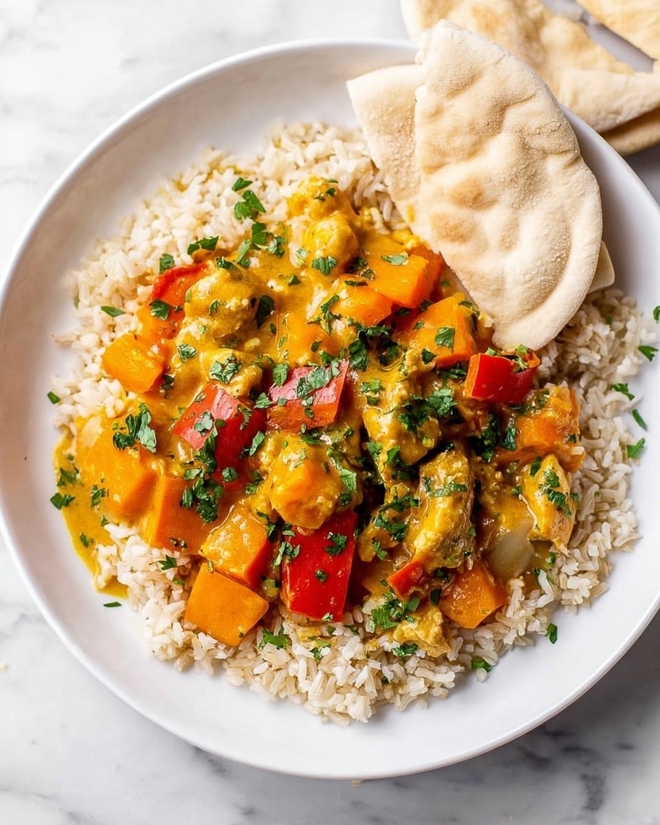A white plate holds a bed of light brown rice as the first layer, topped with chunks of orange vegetables and pieces of orange and red bell peppers covered in a golden-yellow sauce with fresh green herb bits scattered on top. On the side of the plate, there are two folded pieces of beige flatbread, resting against the rice. The plate is set on a white marbled surface. photo taken with an iphone --ar 4:5 --v 7