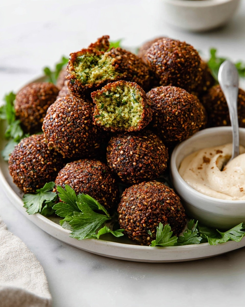 A white plate holds a pile of round falafel balls with a crunchy dark brown outer crust speckled with sesame seeds; some falafel are broken open, showing a bright green and textured inside. Fresh green parsley leaves surround the falafel on the plate. To the right, there is a small white bowl filled with creamy light beige sauce, with a spoon resting in it. The plate sits on a white marbled surface. Photo taken with an iphone --ar 4:5 --v 7